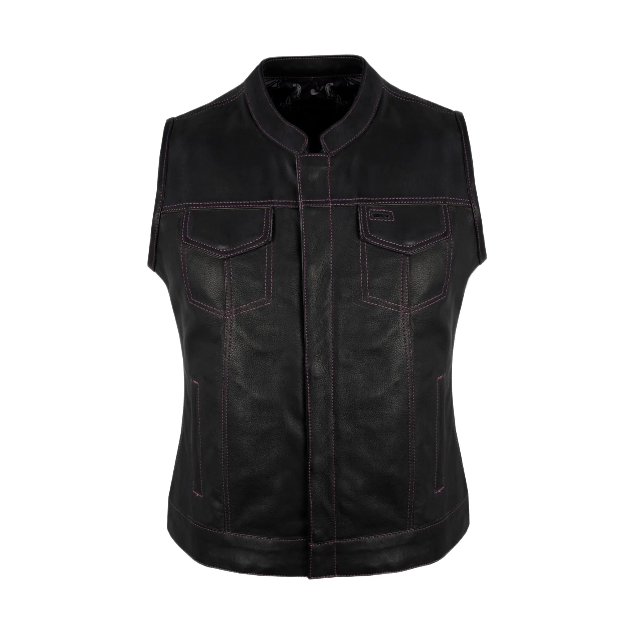 Ladies Motorcycle Leather CLUB VEST Purple Thread, Purple Paisley Lining