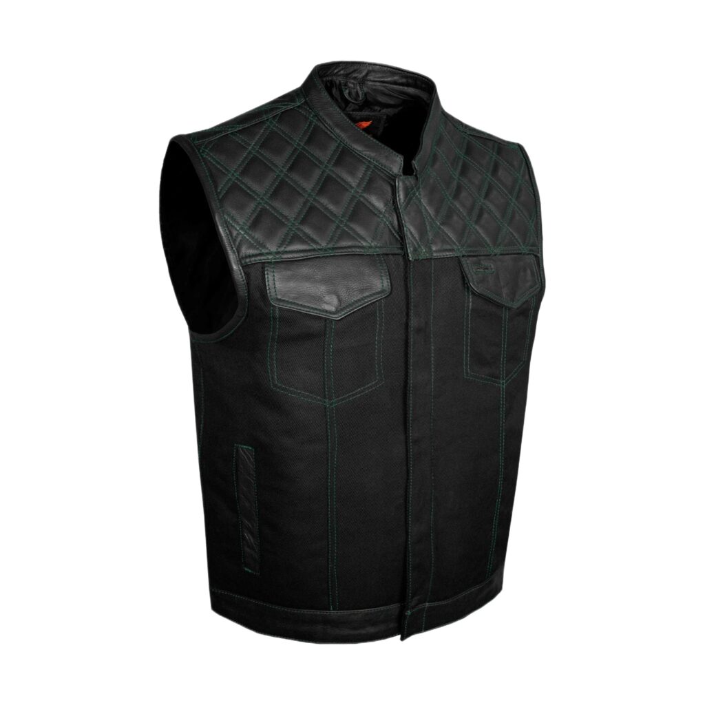 Dream Apparel Mens Black Club Vest Diamond Design Green Thread Leather & Denim