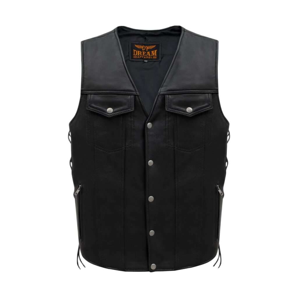 Dream Apparel Men's Black Leather Vest Buttoned Front Closure Side Laces