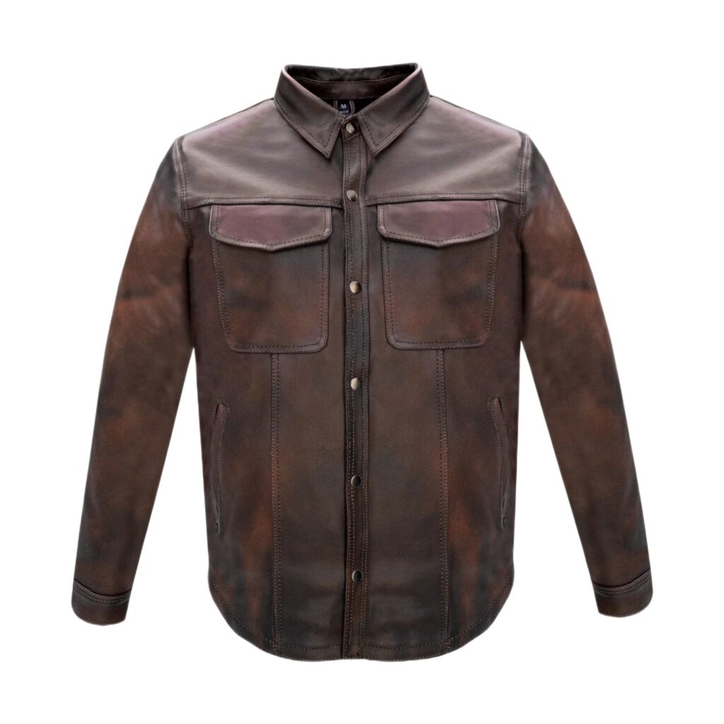 Mens Distressed Brown Soft Touch Leather Motorcycle Shirt Concealed Gun Pockets