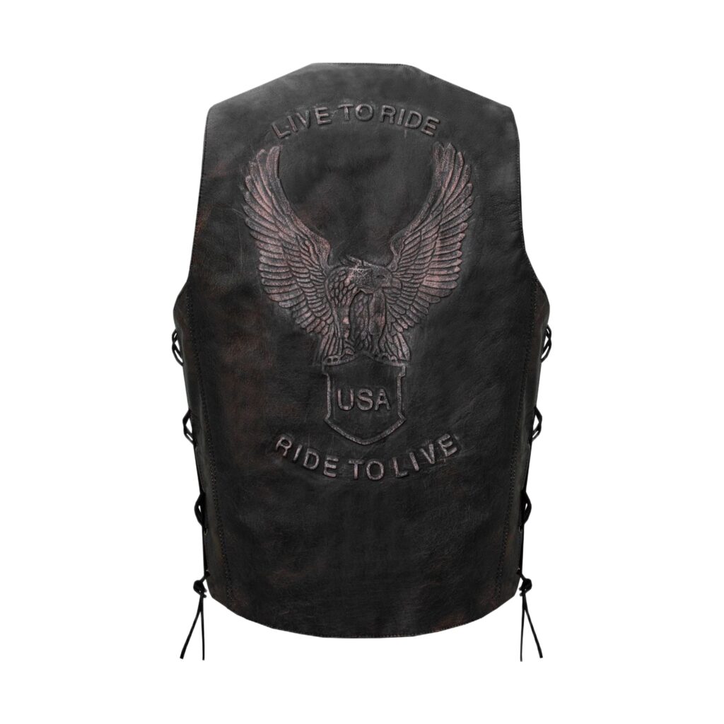 Men's Distressed Brown Vest, Emboss Eagle, Live to Ride, Ride to Live