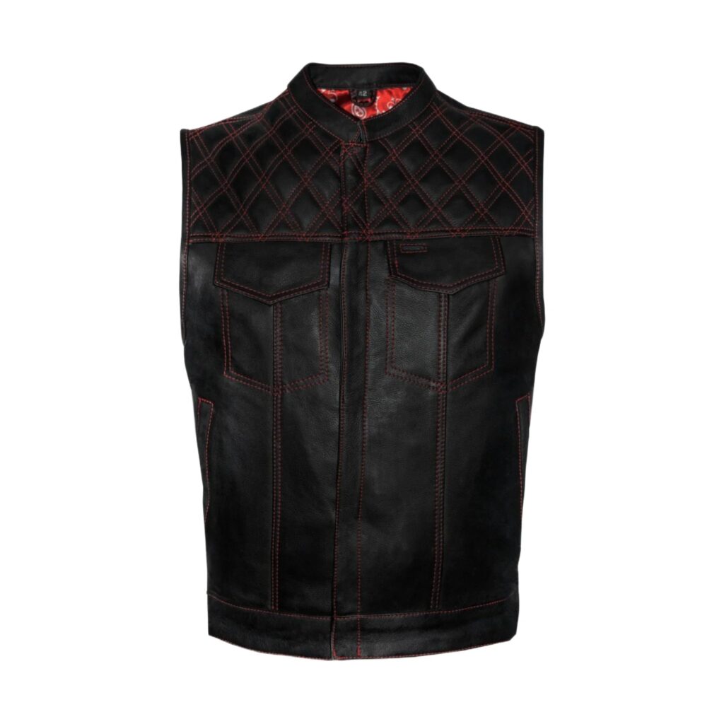 Men's Leather Club Vest Red Thread, Red Paisley Lining, Zipper Front