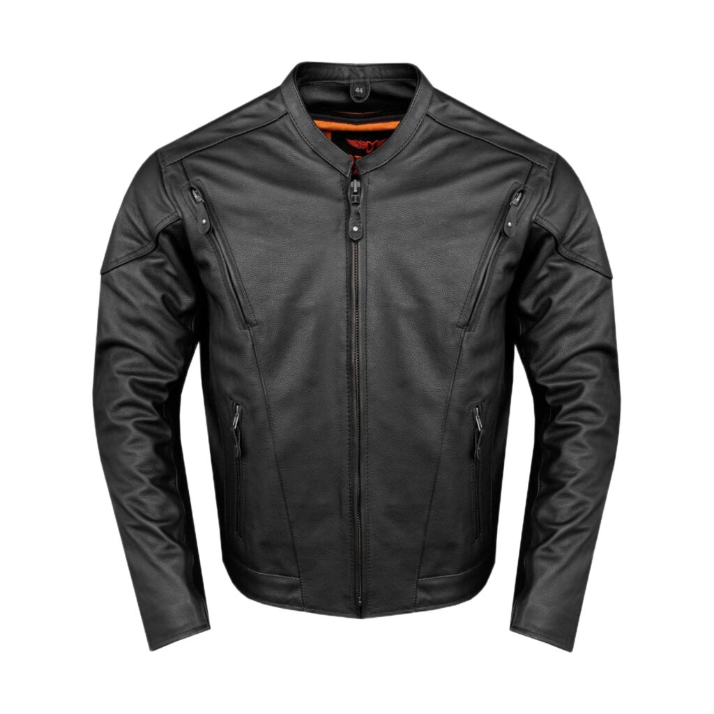 Mens Vented Racer Leather Jacket Side Laces Gun Pockets Zip Out Lining