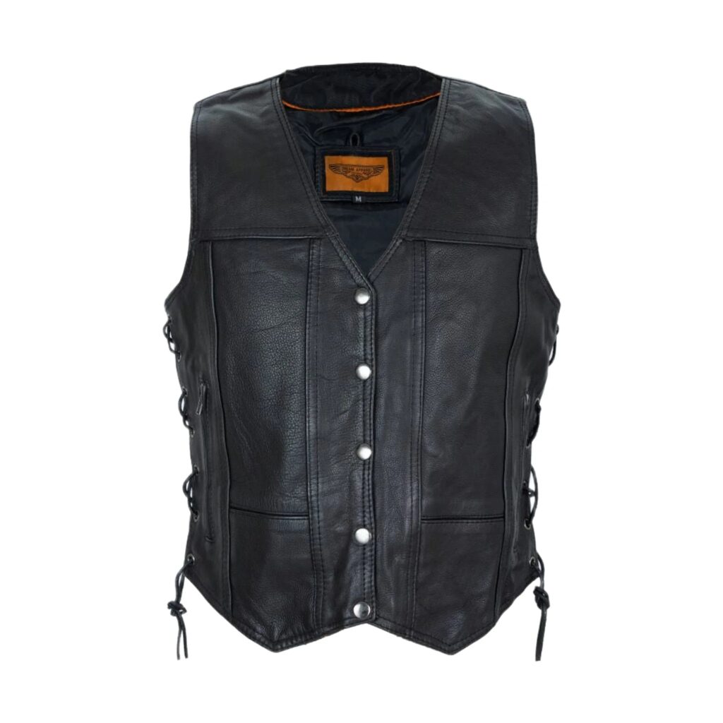 Women Cowhide Leather Motorcycle Vest 7 Pockets Concealed Carry Side Laces