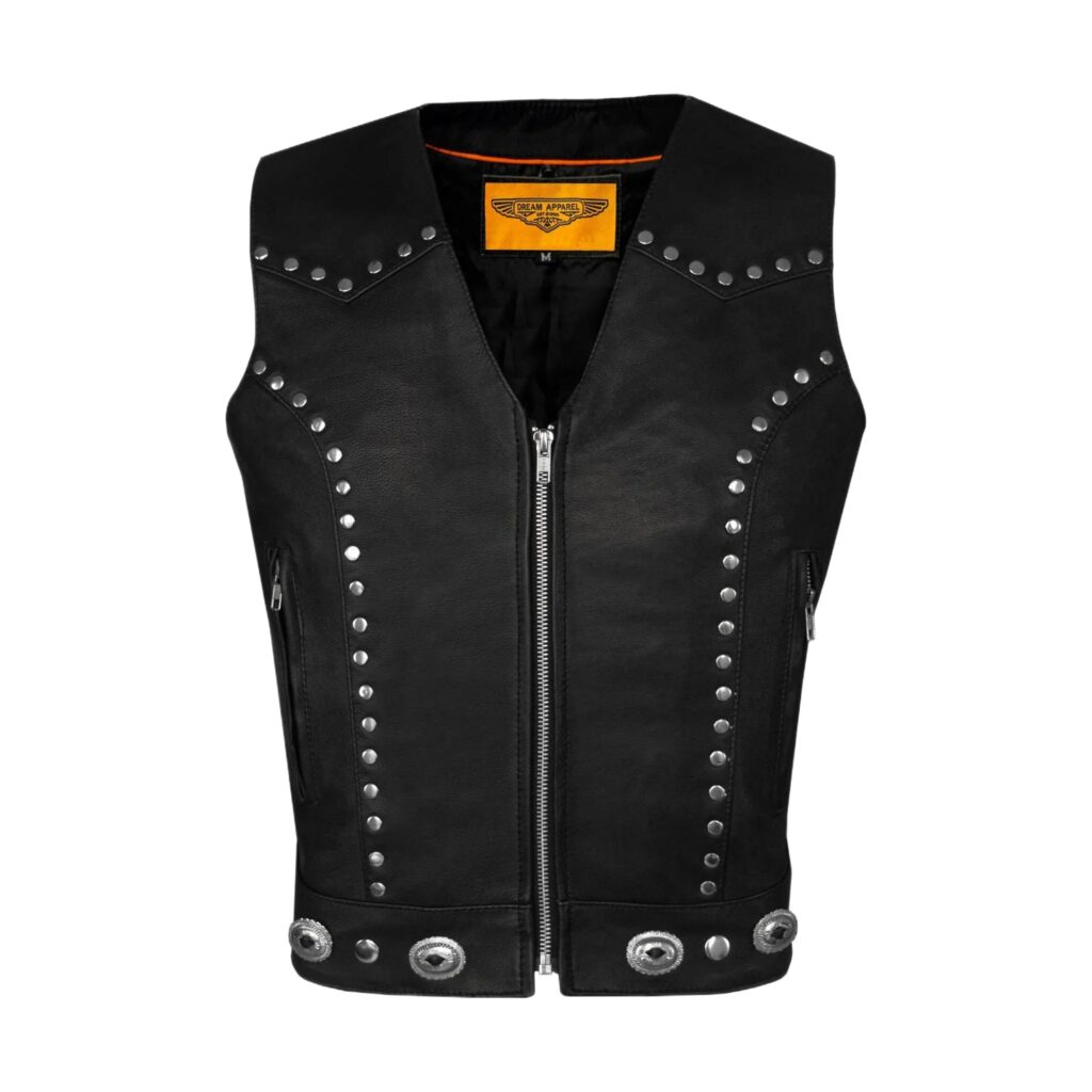 Womens Studded Decorative Conchos Leather Motorcycle Vest With Concealed Pockets