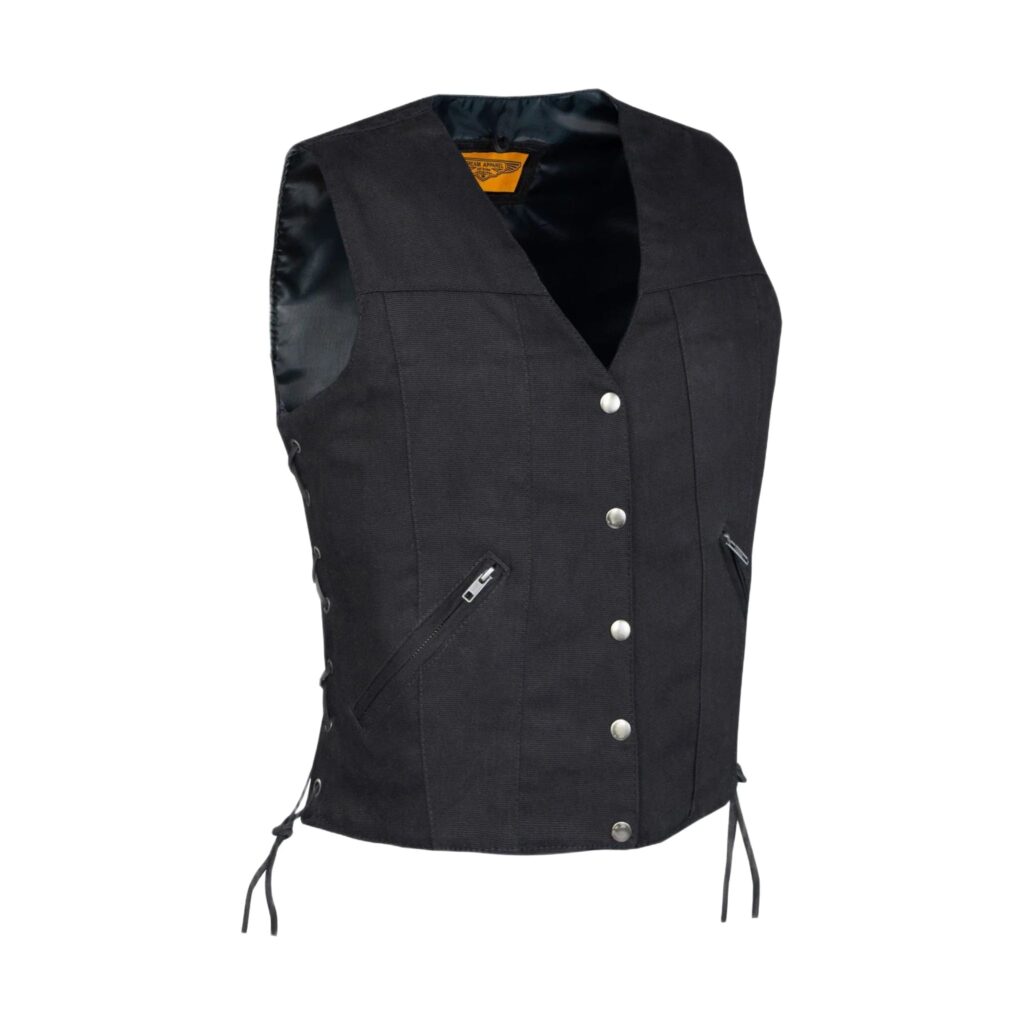 Ladies Black Denim, Side Laces 5 Snap Front Denim Vest