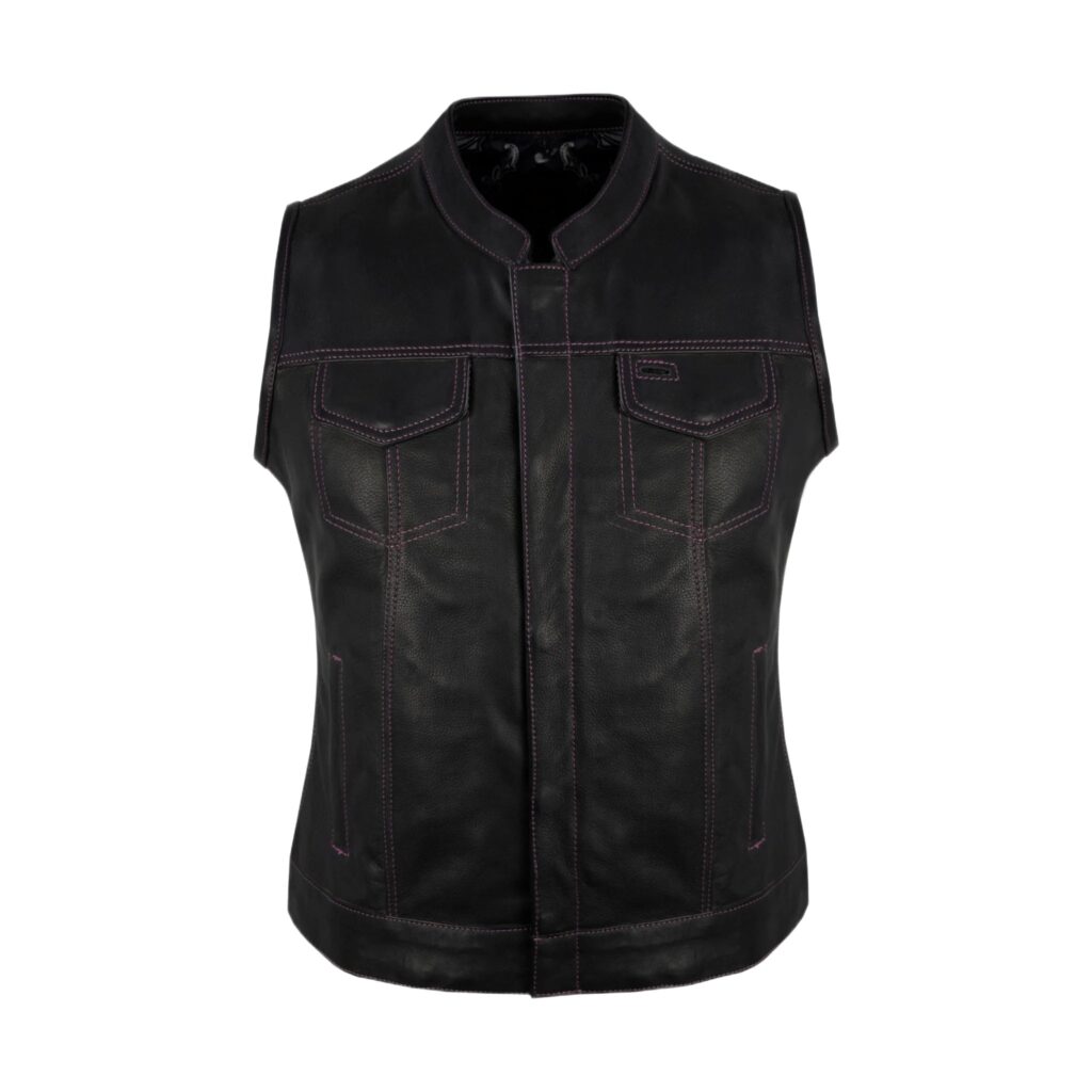 Ladies Motorcycle Leather CLUB VEST Premium Cowhide Leather Purple Paisley Lined