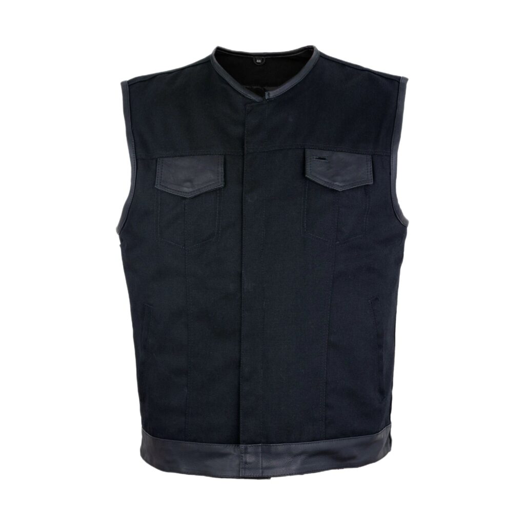 Mens Black Denim Biker Vest With Leather Trims & Front Zipper