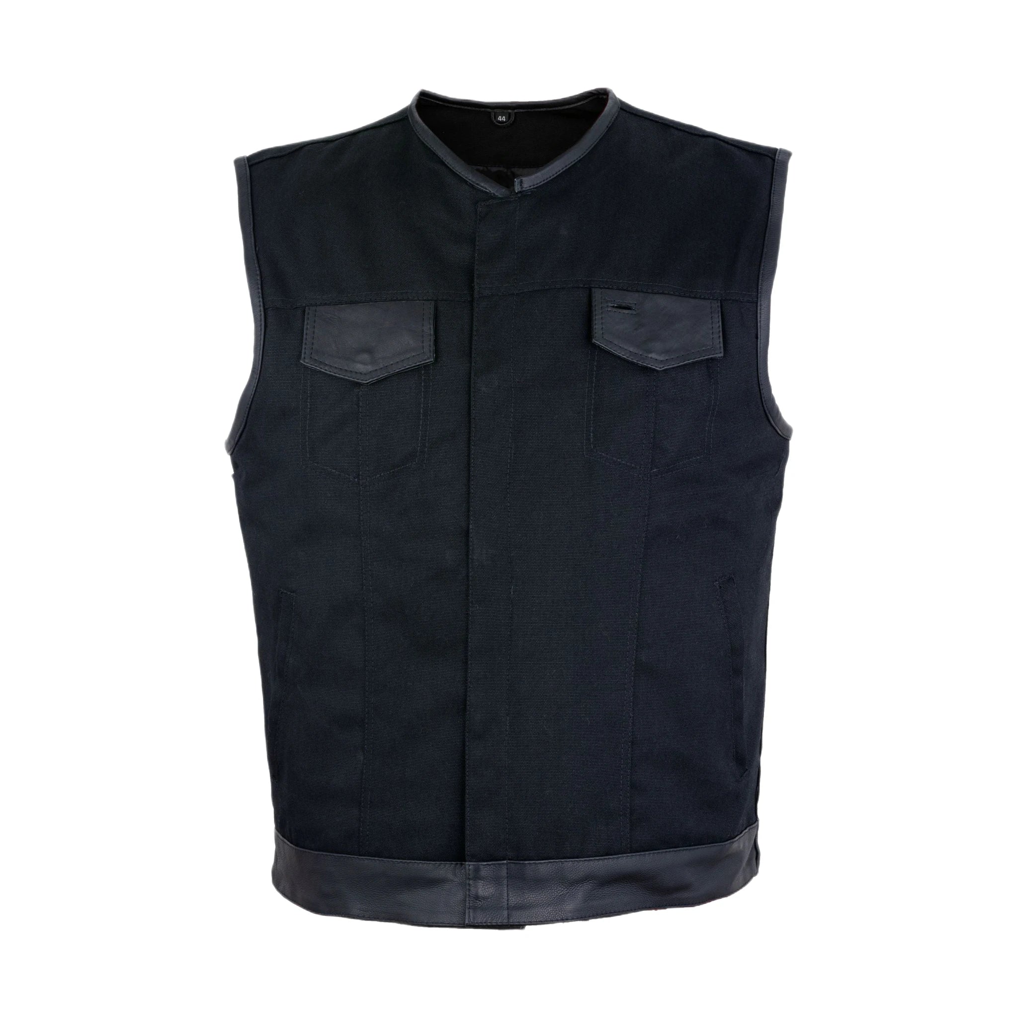 Mens Black Denim Biker Vest With Leather Trims & Front Zipper
