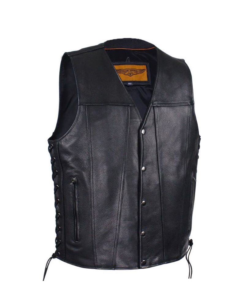 Mens Leather Vest Naked Cowhide Concealed Gun Pockets Side Laces Black