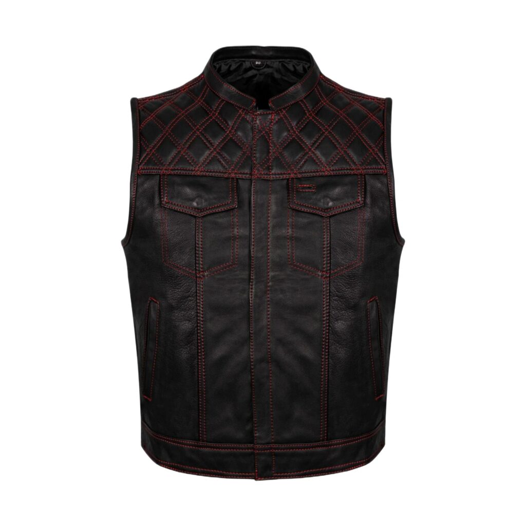 Mens Premium Naked Leather Motorcycle Club Vest Red Thread Diamond Padding
