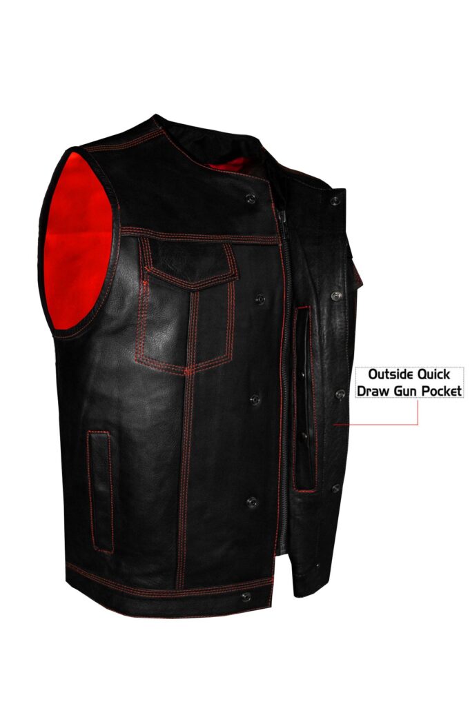 Mens SOA Motorcycle Vest Cowhide Leather Red Thread Concealed Gun Pockets Lined
