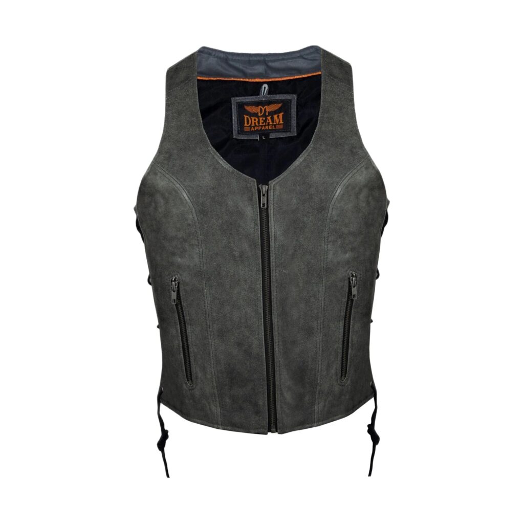 Women Grey Zipper Front Vest Side Laces, Conceal Carry Premium Cowhide Leather