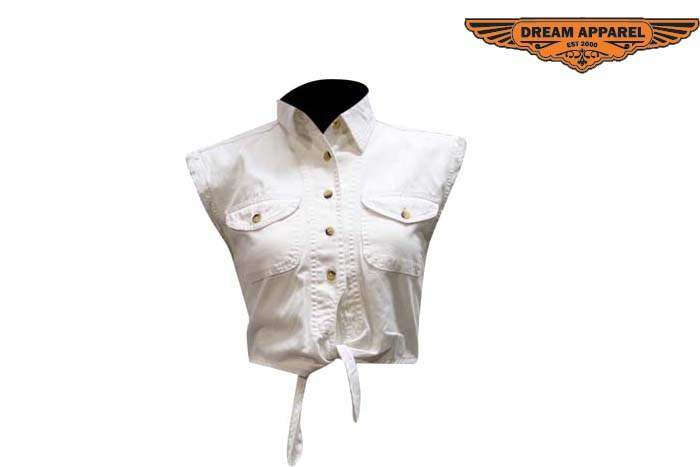White Denim Sleeveless Shirt for Women Button Front Casual Top