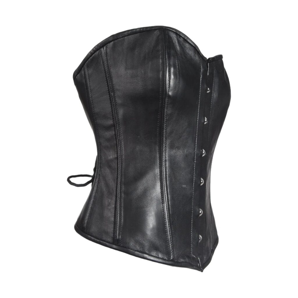 Womens Strapless Lamb Leather Corset With Metal Busks & Grommets