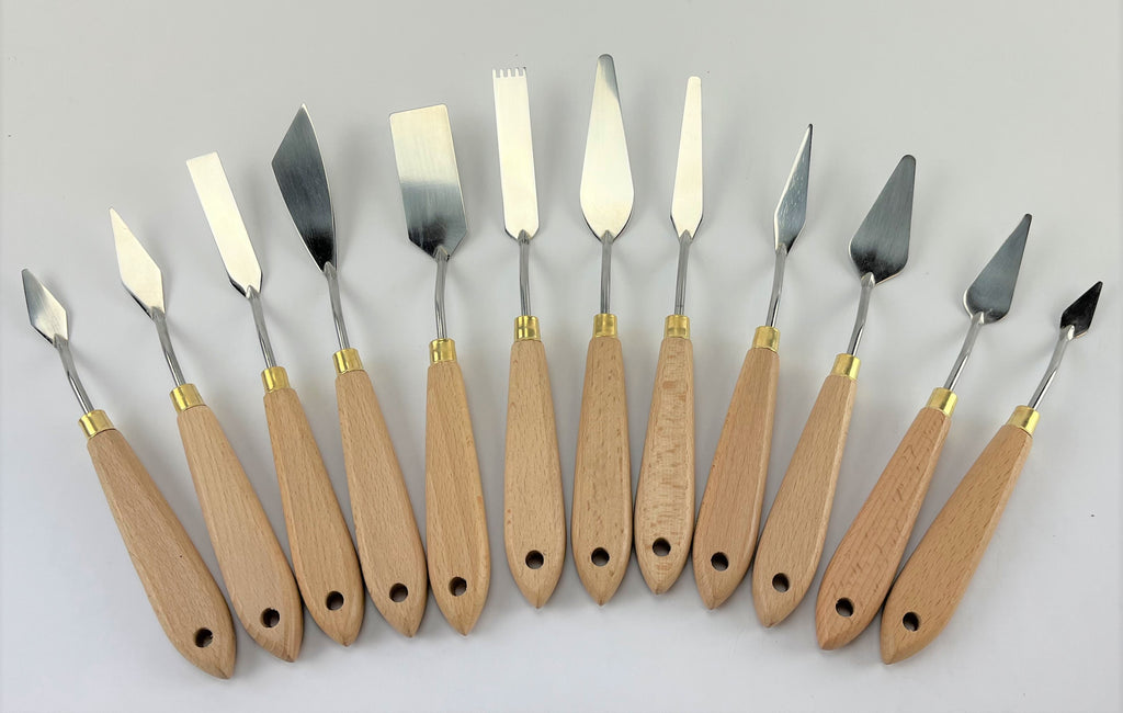 12 Piece Artist Palette Knife Set Natural Wood Handles Flexible Blades Oil Paint