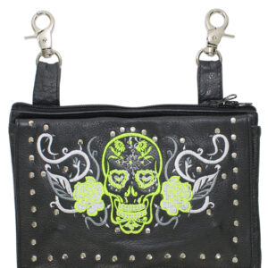 Leather Belt Bag Studded Lime Green White Sugar Skull Gun Pocket 9x7.5in