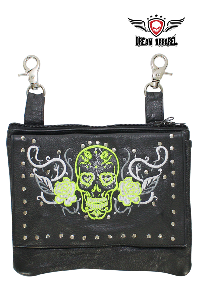 Leather Belt Bag Studded Lime Green White Sugar Skull Gun Pocket 9x7.5in