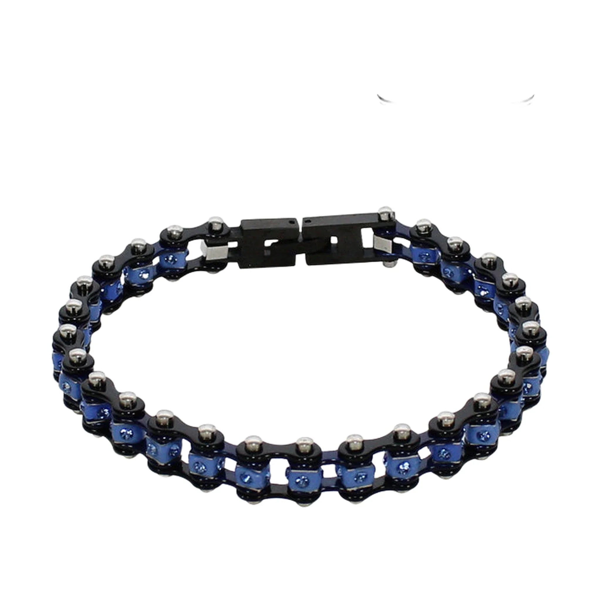 Black On Black Blue Squared Motorcycle Bracelet With Blue Gemstones - Image 2