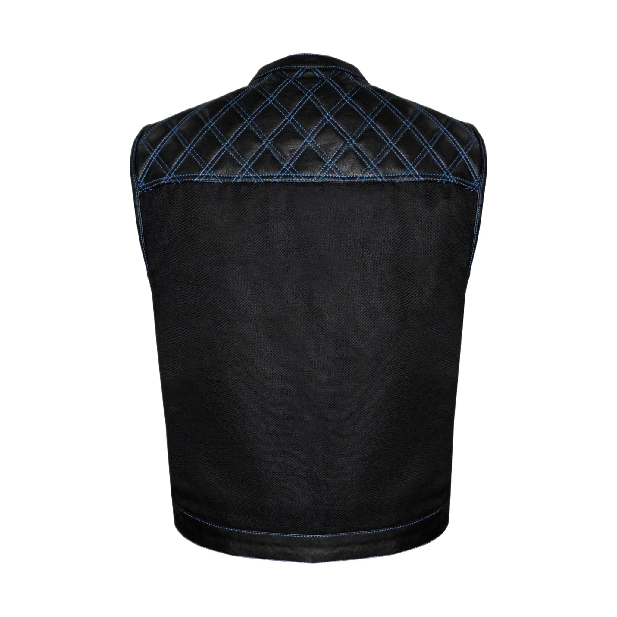 Dream Apparel Mens Black Club Vest Diamond Design Blue Thread Leather & Denim - Image 2