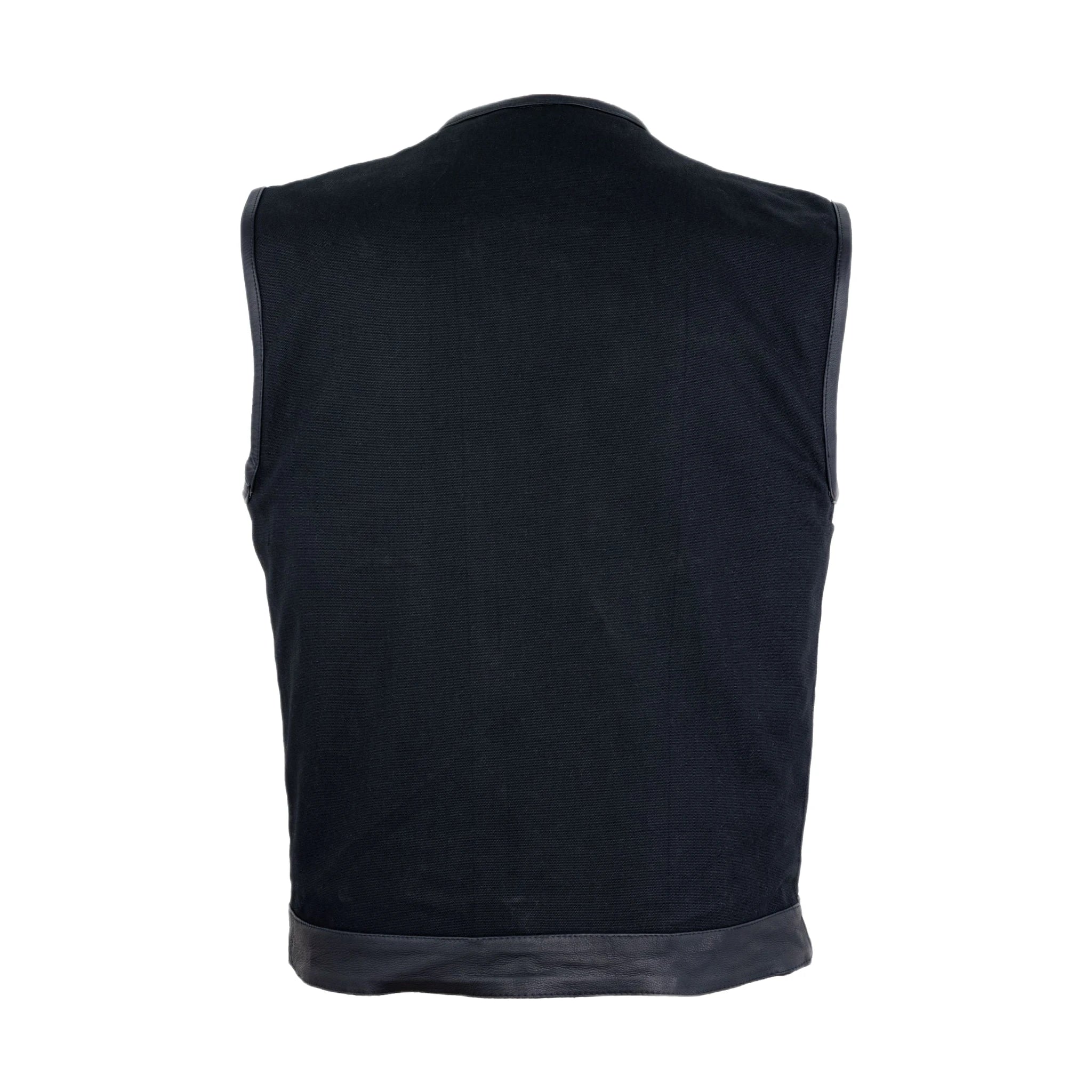 Mens Black Denim Biker Vest With Leather Trims & Front Zipper - Image 2
