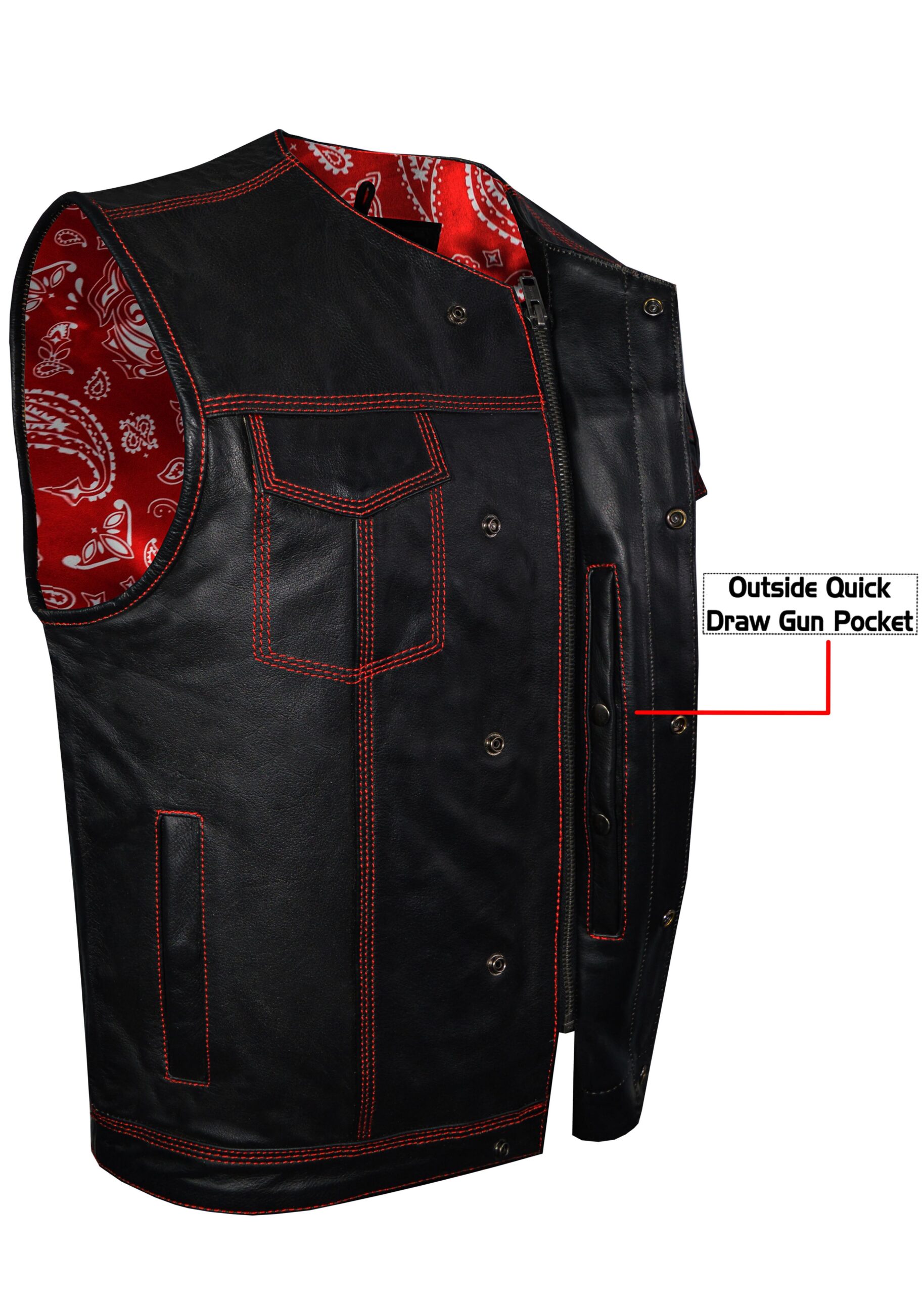 Mens SOA Leather Vest Red Thread Conceal Carry Pockets Red Paisley Lining - Image 2