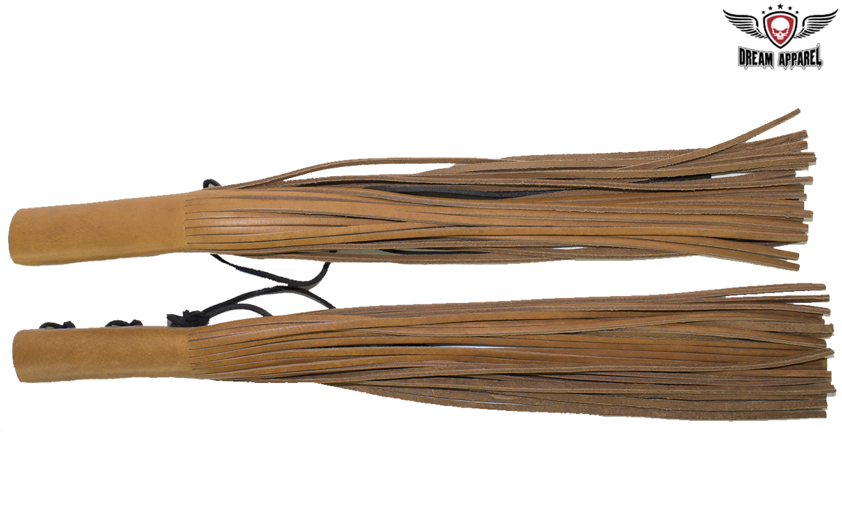 Leather Handlebar Covers with Fringe Tan Cowhide 4.5in Wide by Dream Apparel - Image 2