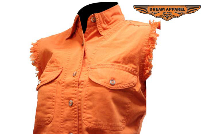 Sleeveless Denim Shirt Women Orange Button Front Casual Top - Image 2