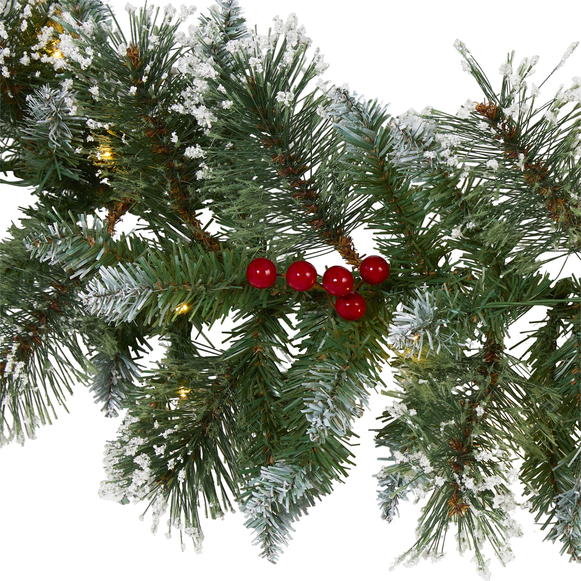 9 Ft Frosted Swiss Pine Garland with 50 Clear LED Lights and Berries Winter - Image 3