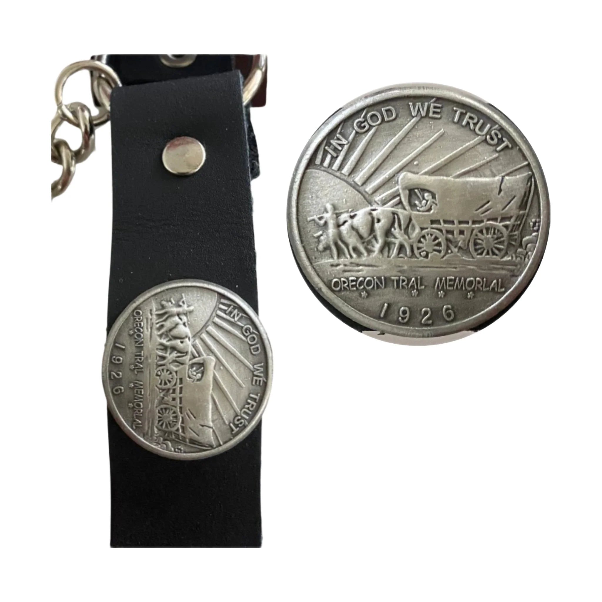 Black Leather Biker Boot Chains 1926 P Oregon Trail Memorial Coin Replica Accent - Image 3