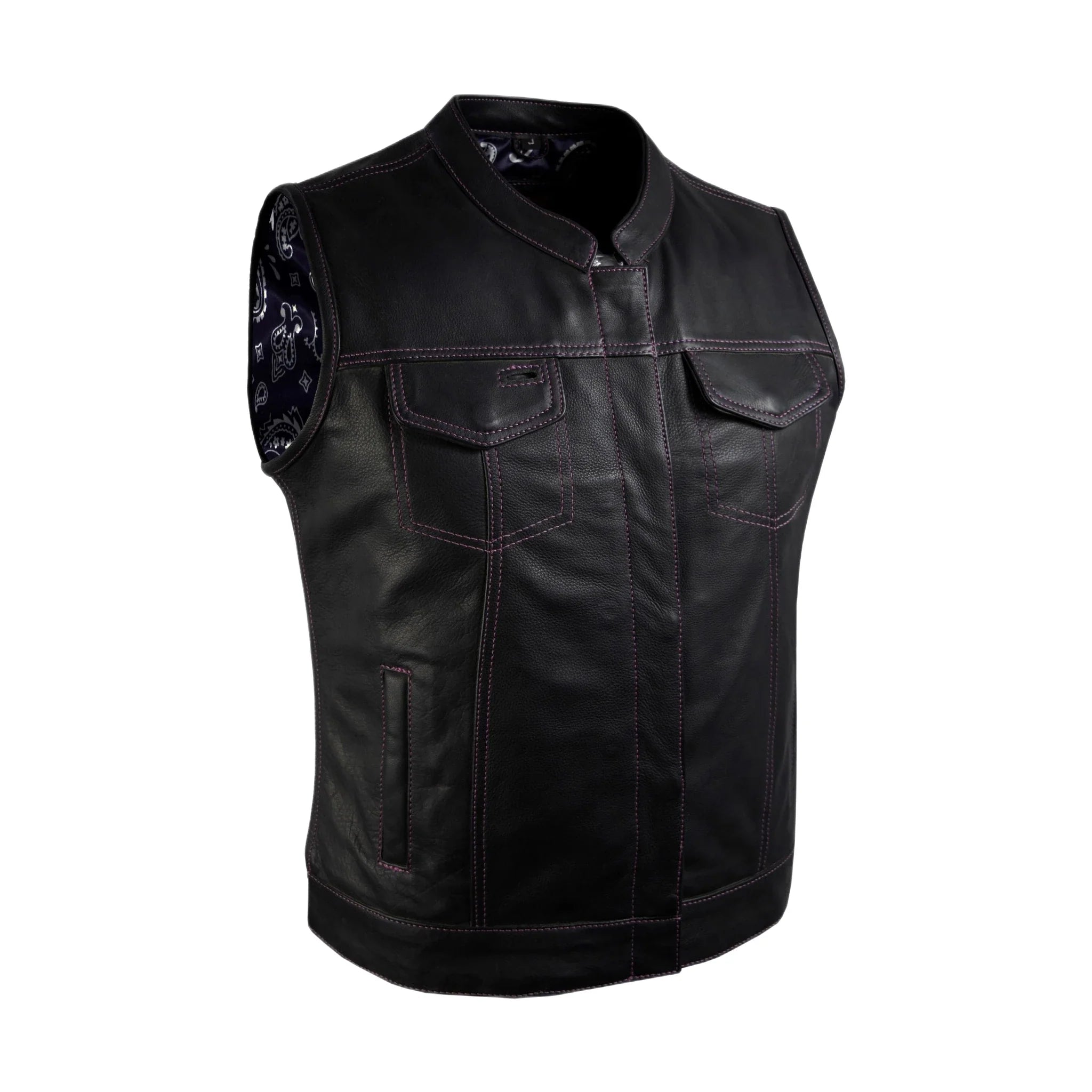 Ladies Motorcycle Leather CLUB VEST Purple Thread, Purple Paisley Lining - Image 3