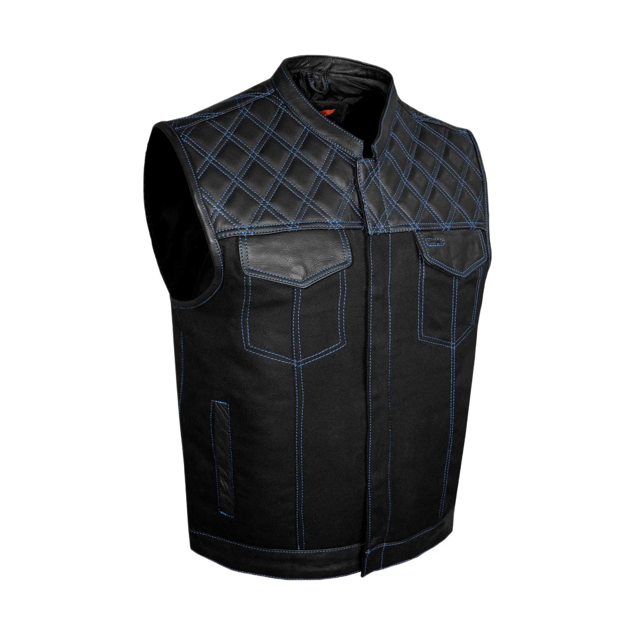Dream Apparel Mens Black Club Vest Diamond Design Blue Thread Leather & Denim - Image 3