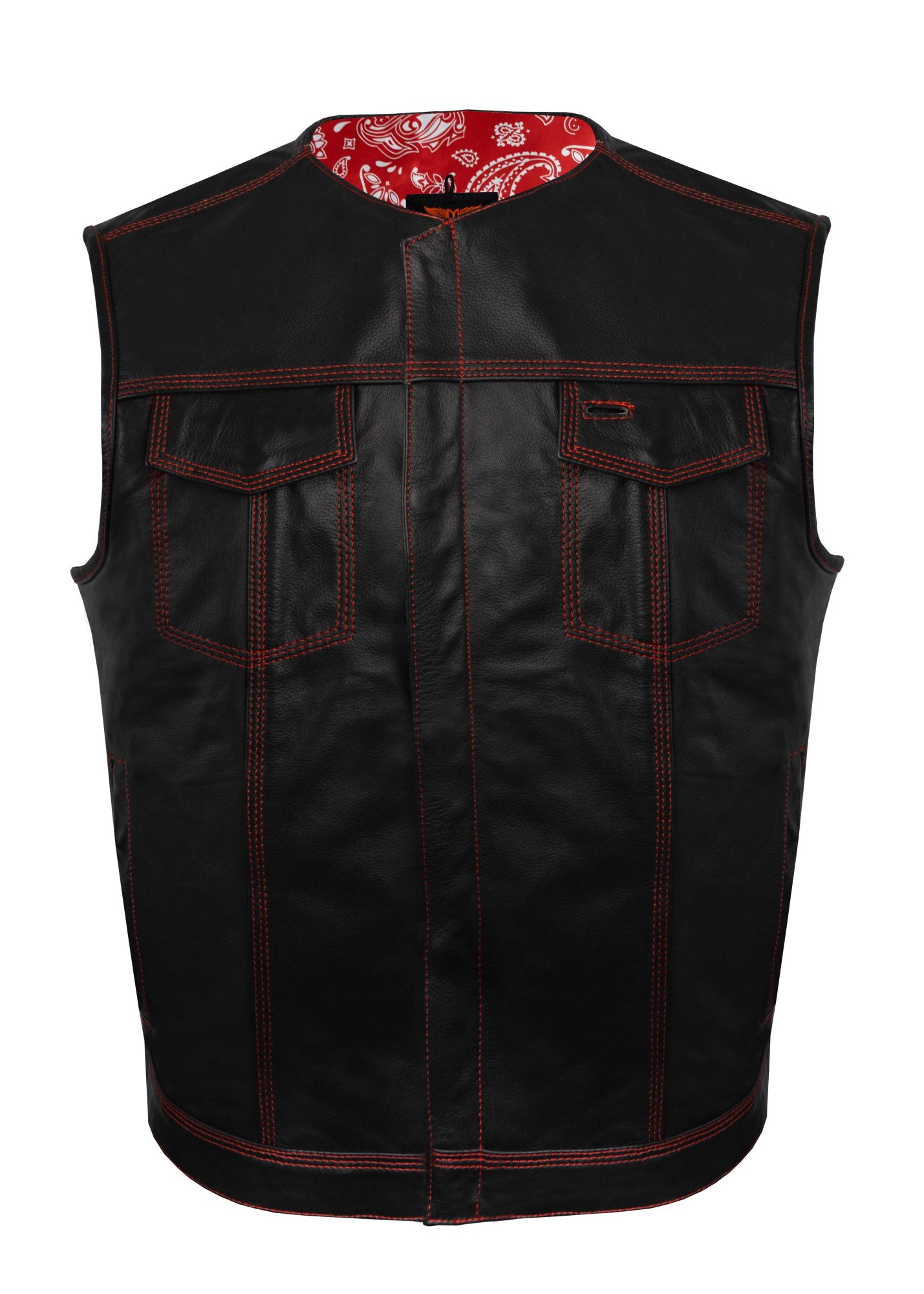 Mens SOA Leather Vest Red Thread Conceal Carry Pockets Red Paisley Lining - Image 3