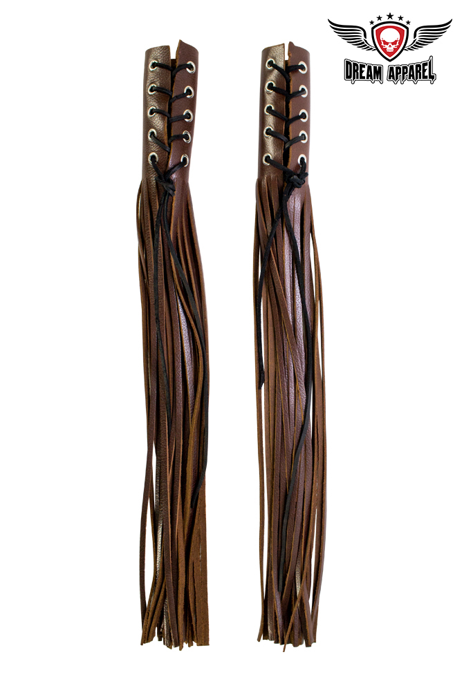 Leather Handlebar Covers Dream Apparel Two-Tone Brown Cowhide with Fringe 22.5 - Image 3