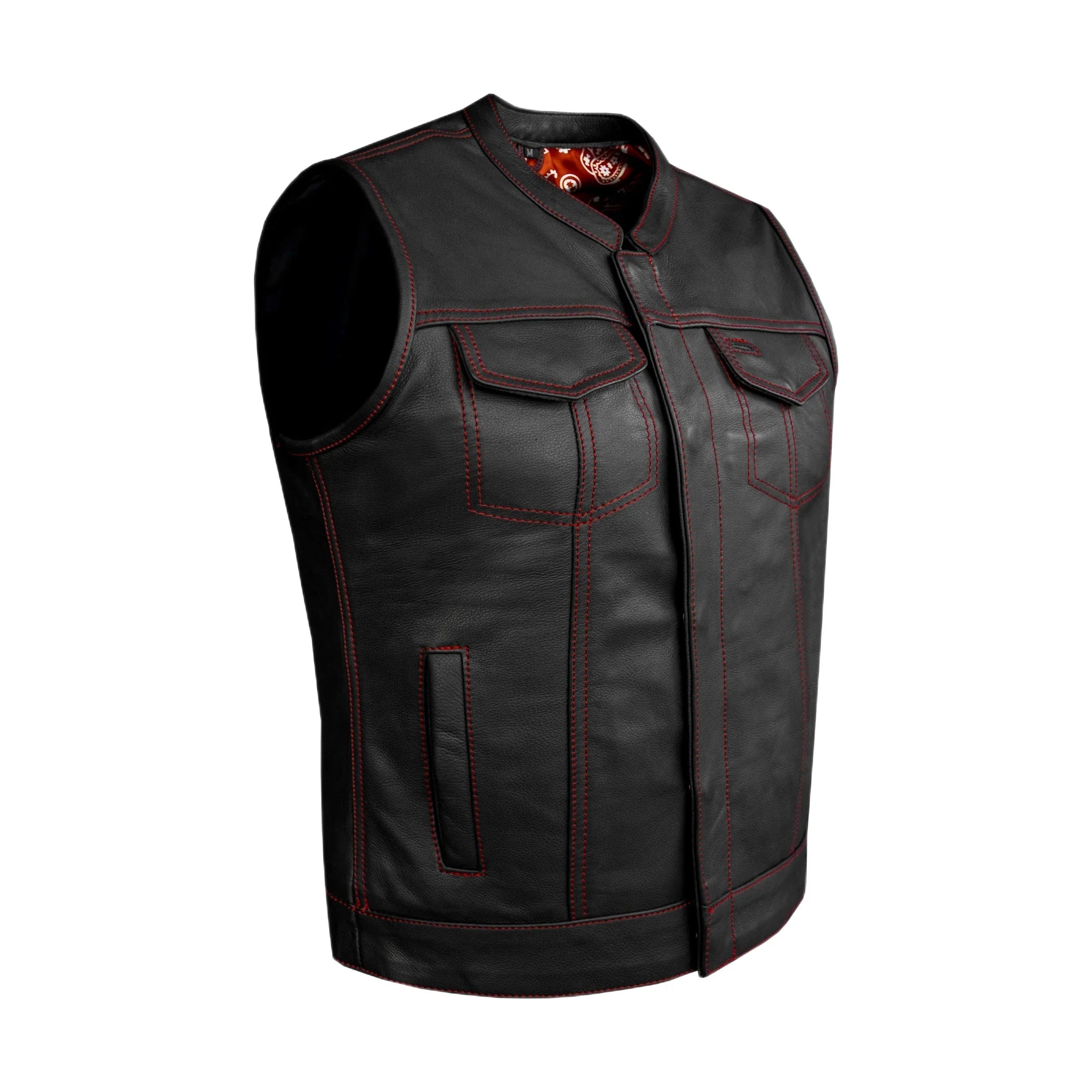 Women Motorcycle Leather CLUB VEST Premium Cowhide Leather Red Paisley Lining - Image 3