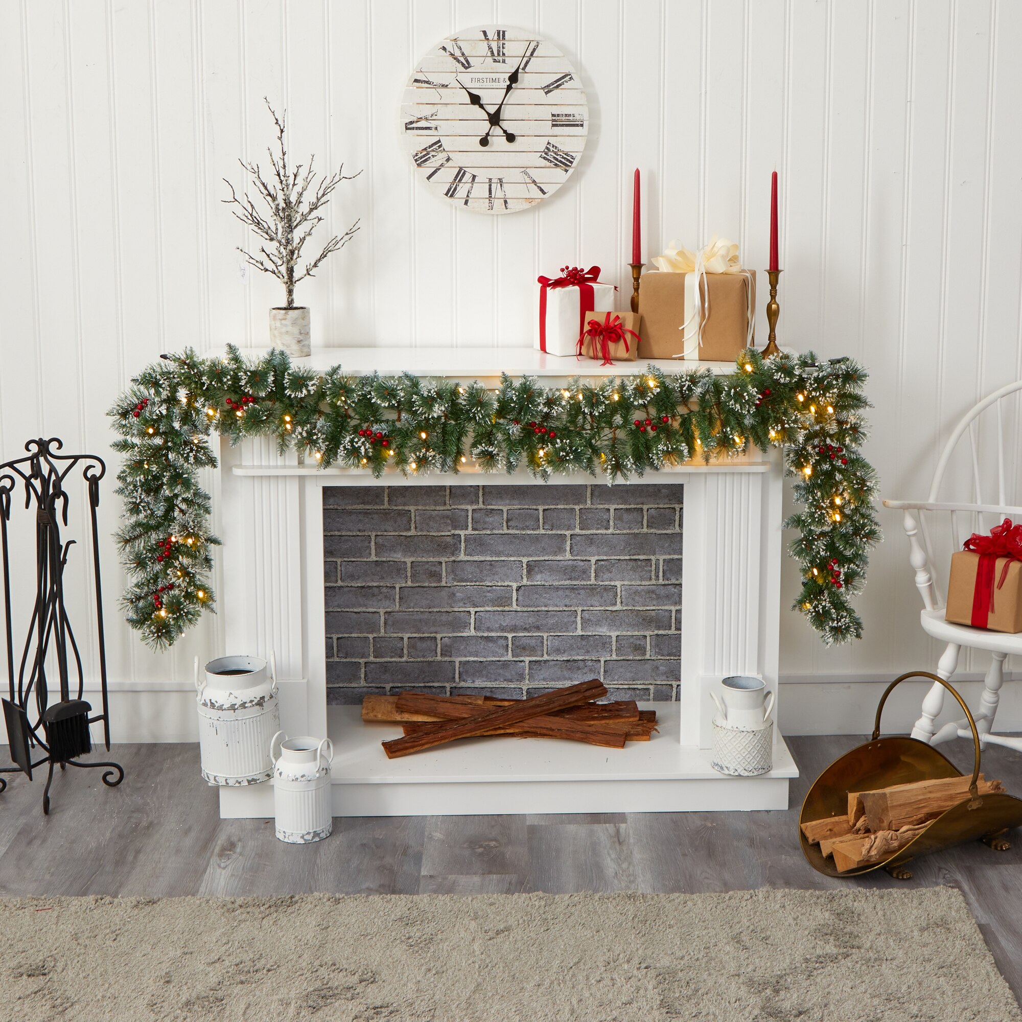 9 Ft Frosted Swiss Pine Garland with 50 Clear LED Lights and Berries Winter - Image 4