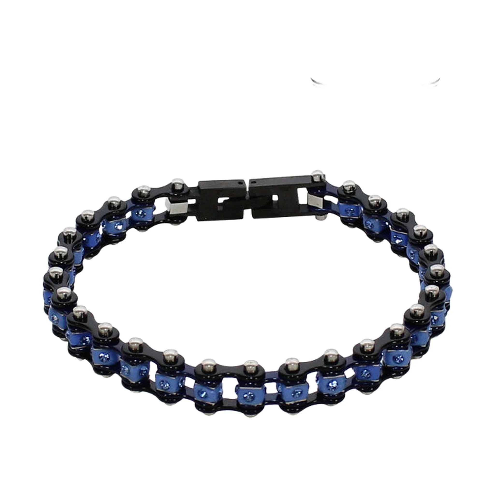 Black Chrome and Blue Squared Motorcycle Bracelet With Blue Gemstones - Image 4