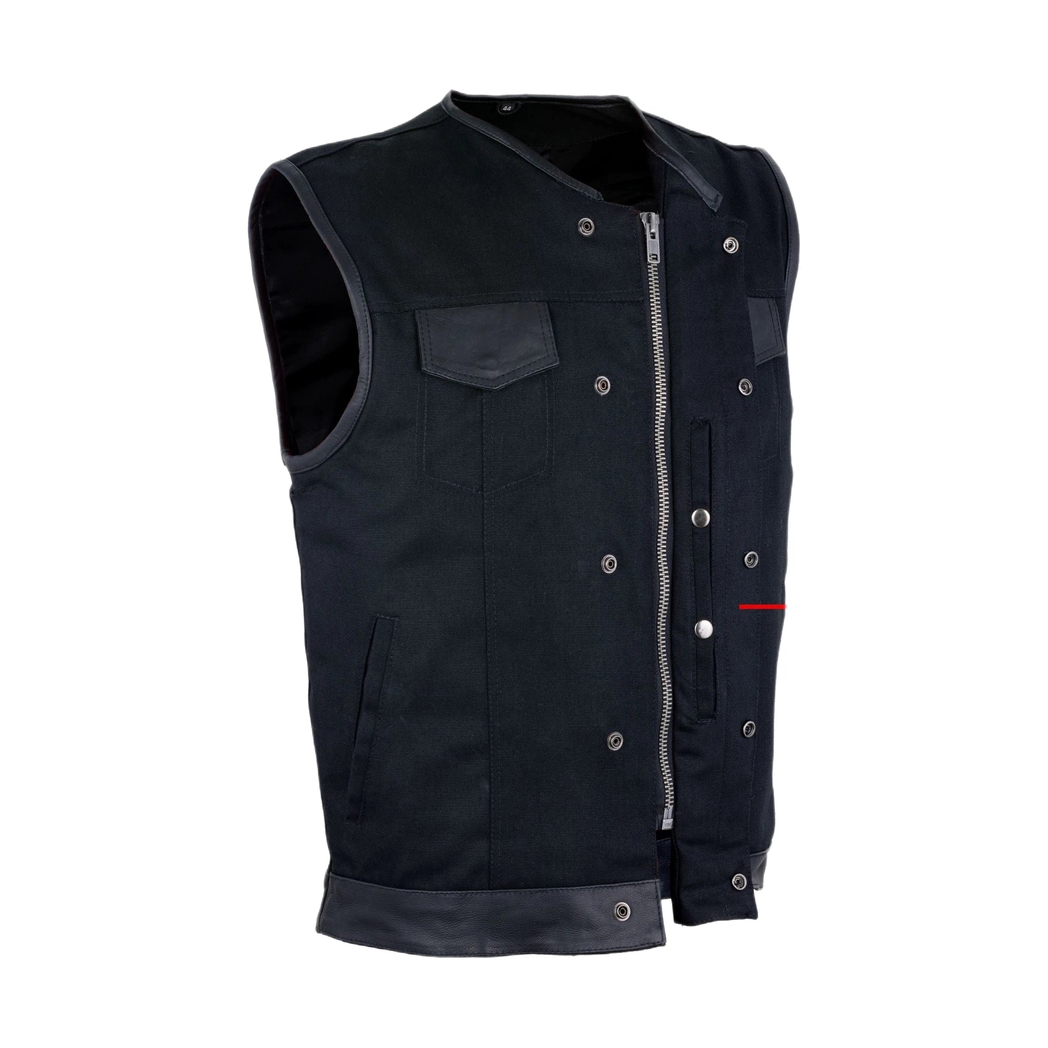 Mens Black Denim Biker Vest With Leather Trims & Front Zipper - Image 4