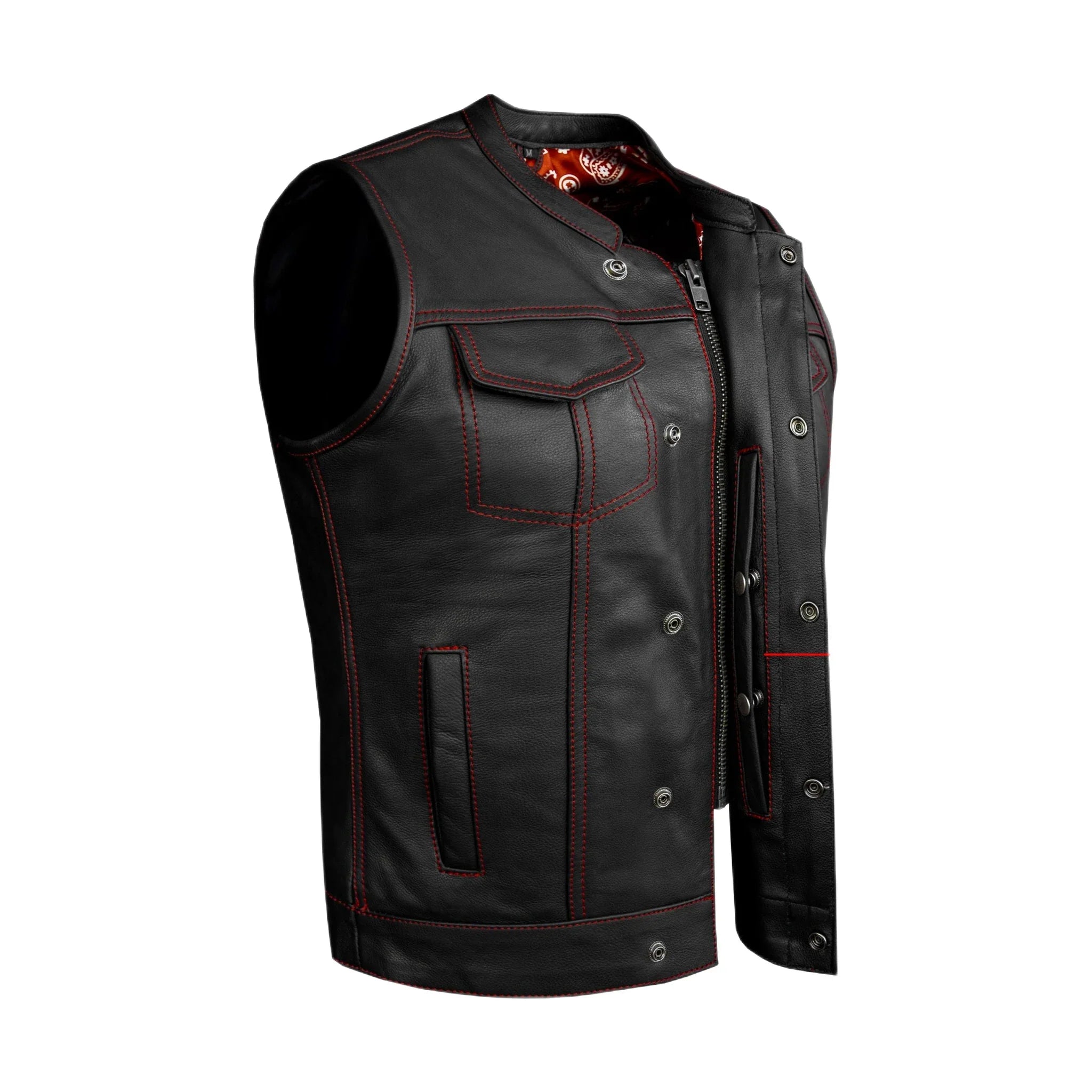 Women Motorcycle Leather CLUB VEST Premium Cowhide Leather Red Paisley Lining - Image 4