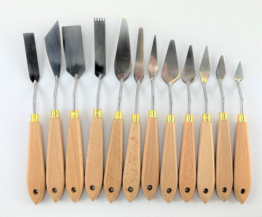 12 Piece Artist Palette Knife Set Natural Wood Handles Flexible Blades Oil Paint - Image 4