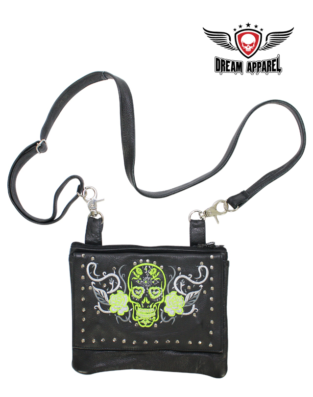 Leather Belt Bag Studded Lime Green White Sugar Skull Gun Pocket 9x7.5in - Image 4
