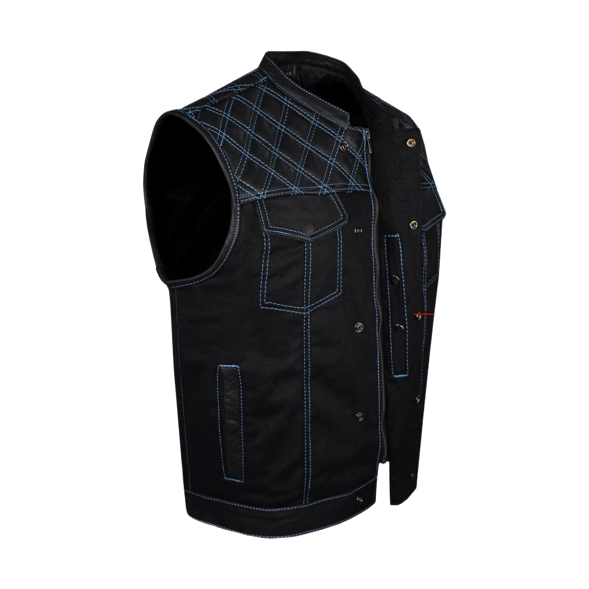 Dream Apparel Mens Black Club Vest Diamond Design Blue Thread Leather & Denim - Image 5