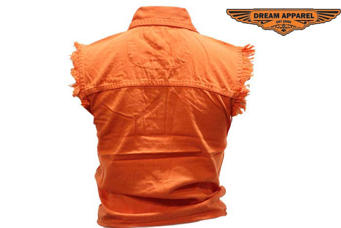 Sleeveless Denim Shirt Women Orange Button Front Casual Top - Image 5
