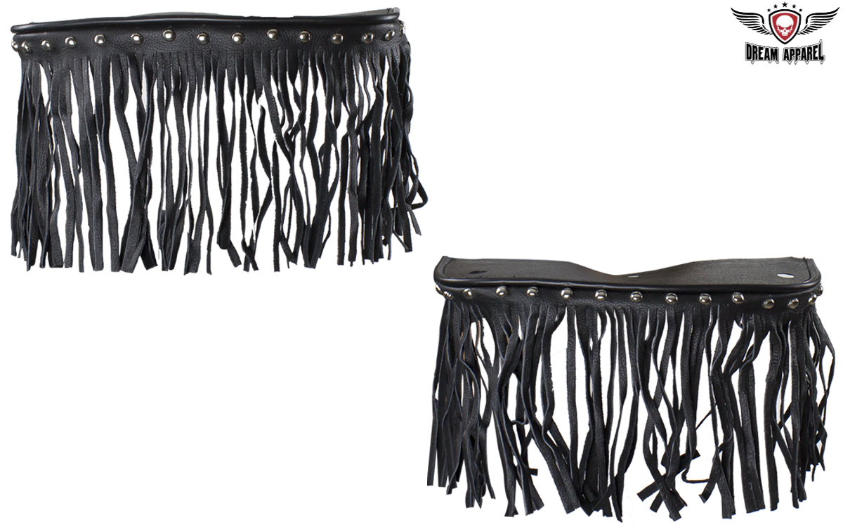Motorcycle Rider Floor Boards Black Studded Leather 8x4 inch Fringe - Image 6