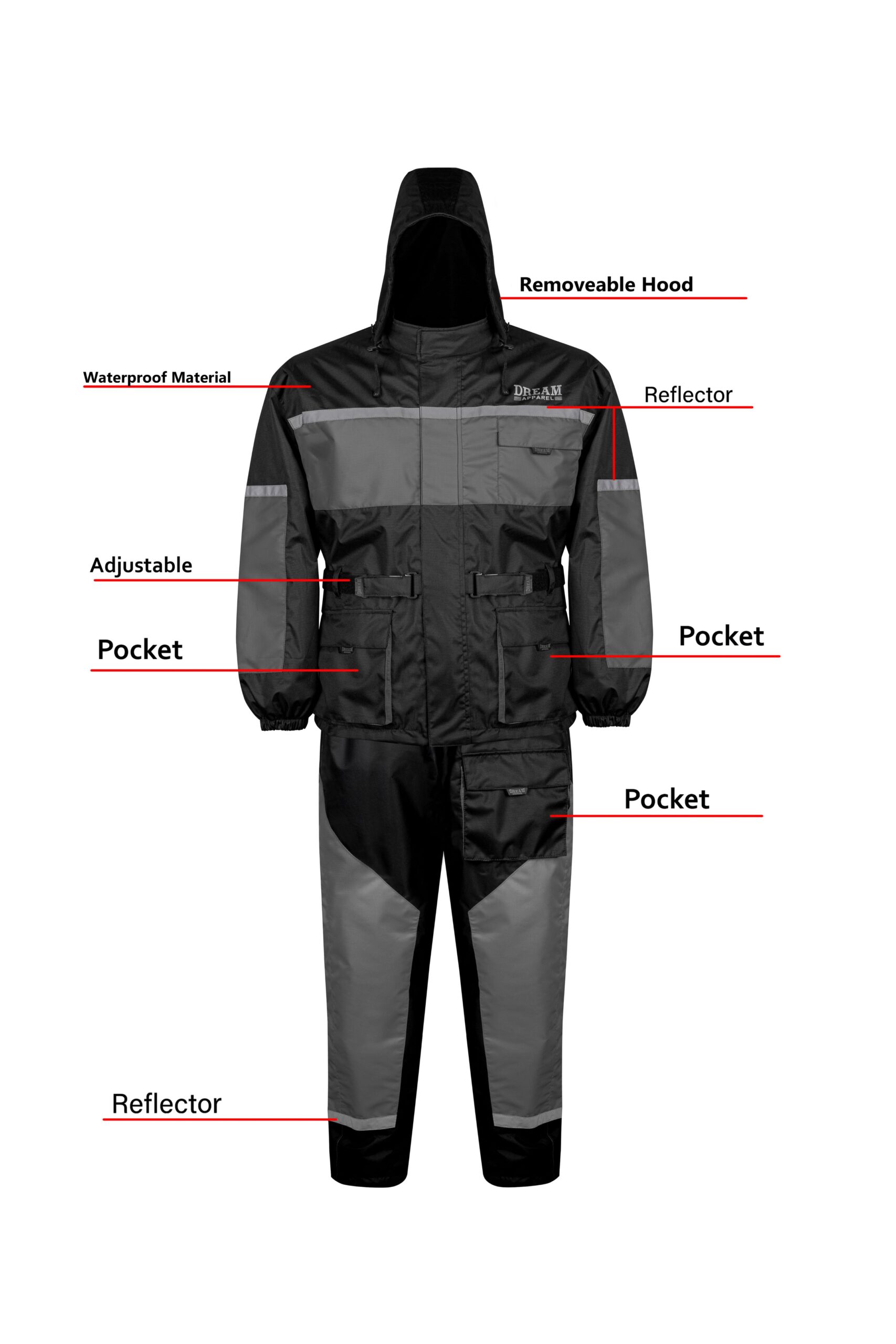 2-Piece Black Grey Rain Suit Dream Apparel Waterproof Jacket Pants - Image 7