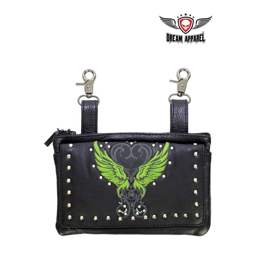 Studded Naked Cowhide Leather Belt Bag Lime Green Wing Heart 9x7.5 Inch