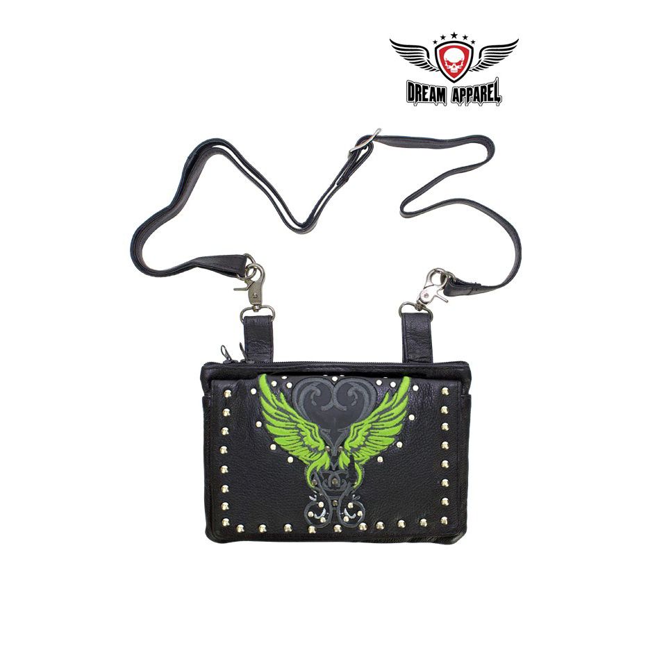 Studded Naked Cowhide Leather Belt Bag Lime Green Wing Heart 9x7.5 Inch - Image 5