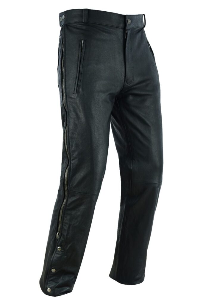Men's Leather Chap Pants Dream Apparel Black Zippered Adjust Snap Waist