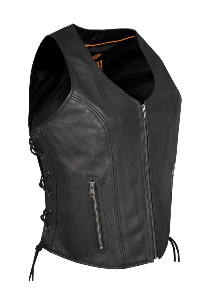 Women Zipper Front Vest Side Laces, Conceal Carry Premium Cowhide Leather