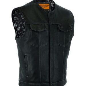 Mens Club Vest Black Paisley Liner, White Thread Front Zipper Conceal Gun